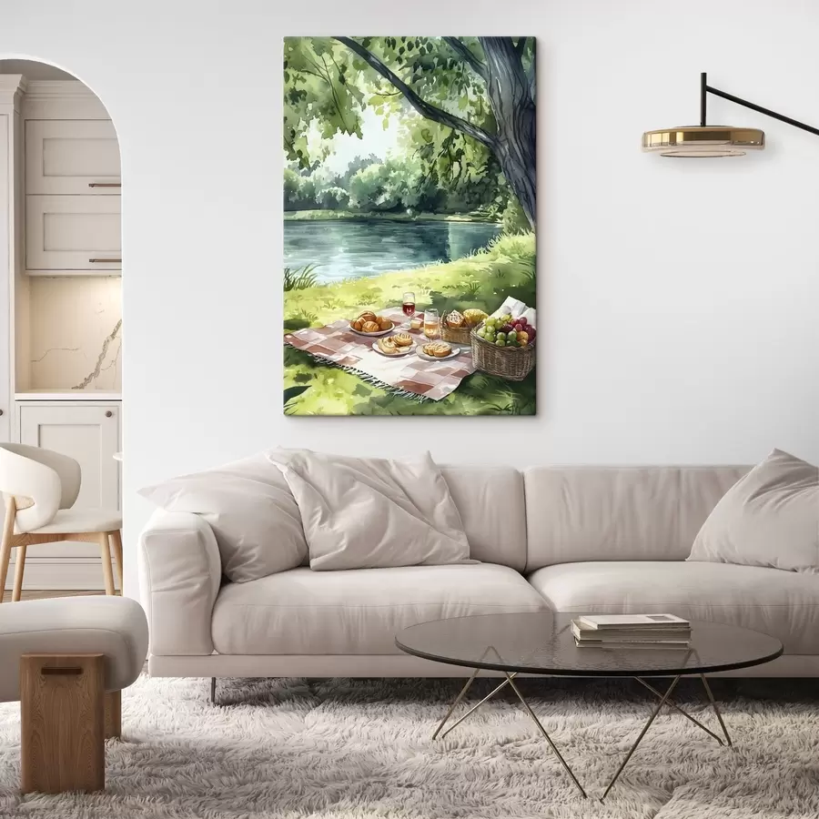 murales de pared Hermoso picnic romántico por el lago de verano, frutas, vegetación s42451