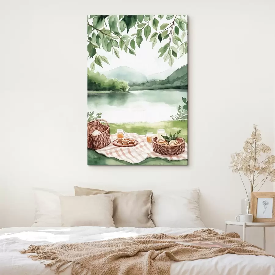 murales de pared Picnic de verano estilo acuarela, rústico, lago, vegetación, cestas de comida  s42452