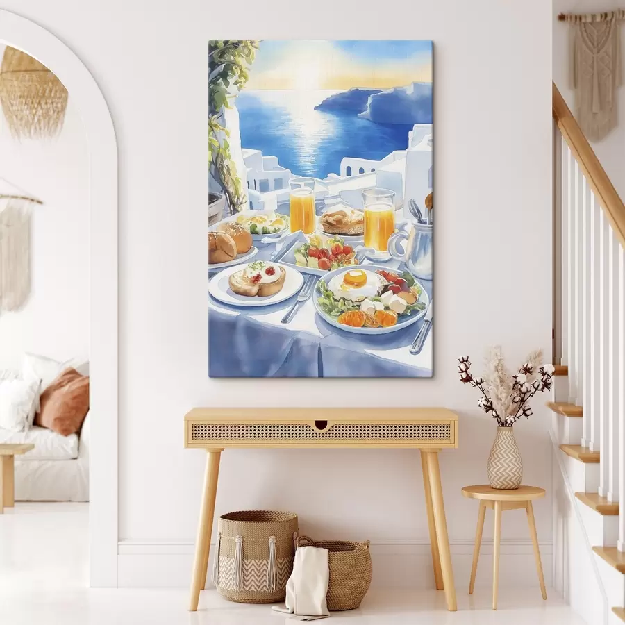 murales de pared Paisajes de Santorini, desayuno, estilo acuarela, casco antiguo s42454