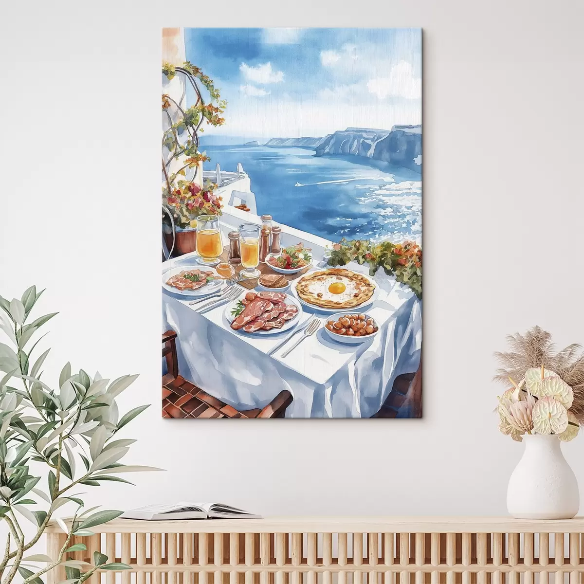 murales de pared Hermoso desayuno romántico en Grecia, mar, estilo acuarela s42455
