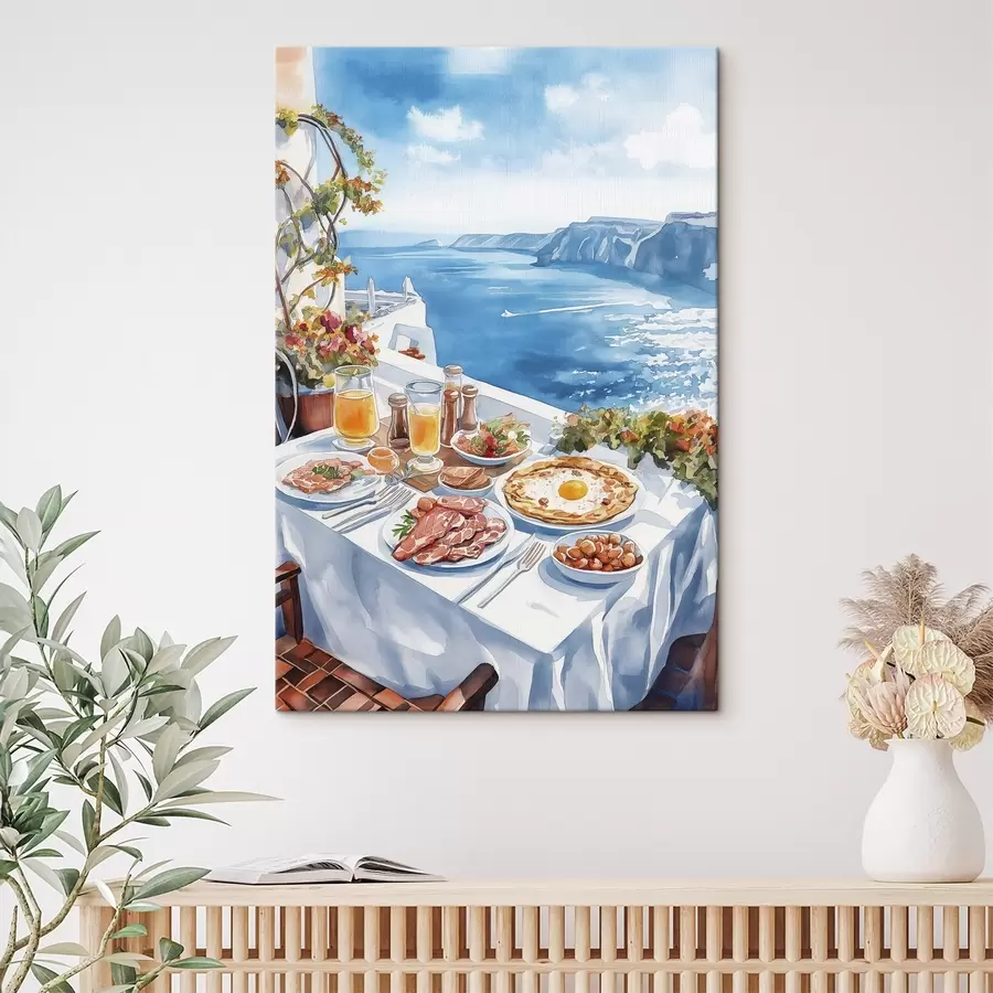 murales de pared Hermoso desayuno romántico en Grecia, mar, estilo acuarela s42455