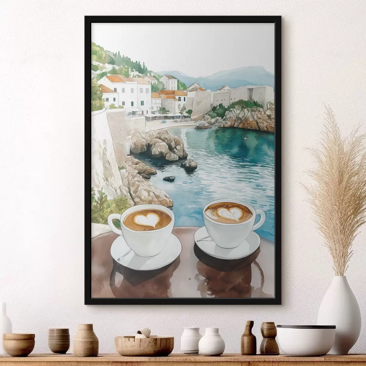 Poster Tazas de café junto al mar, estilo acuarela, Croacia f42448