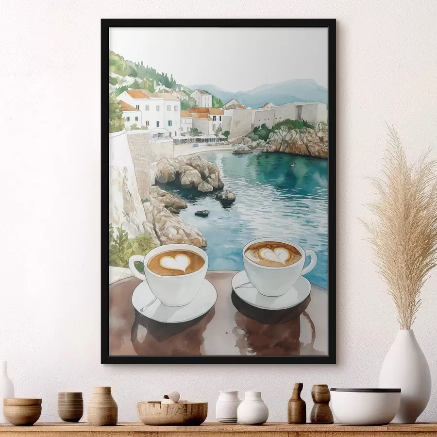 murales de pared Tazas de café junto al mar, estilo acuarela, Croacia f42448