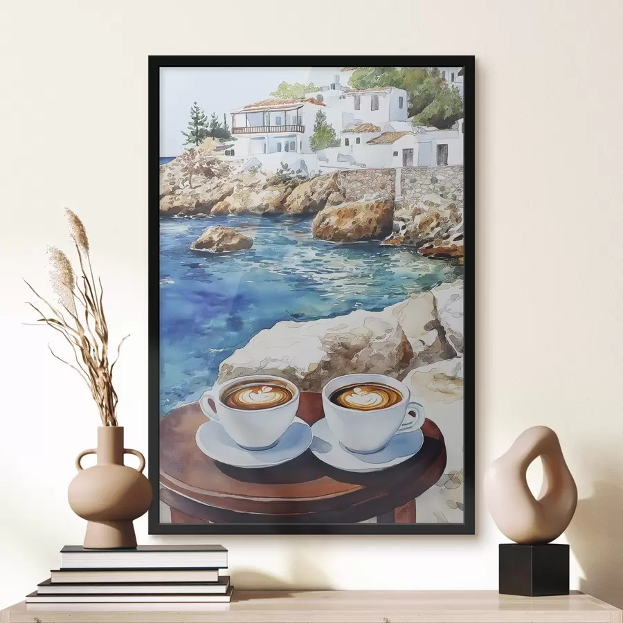murales de pared Acuarela junto al mar con tazas de café, verano f42449