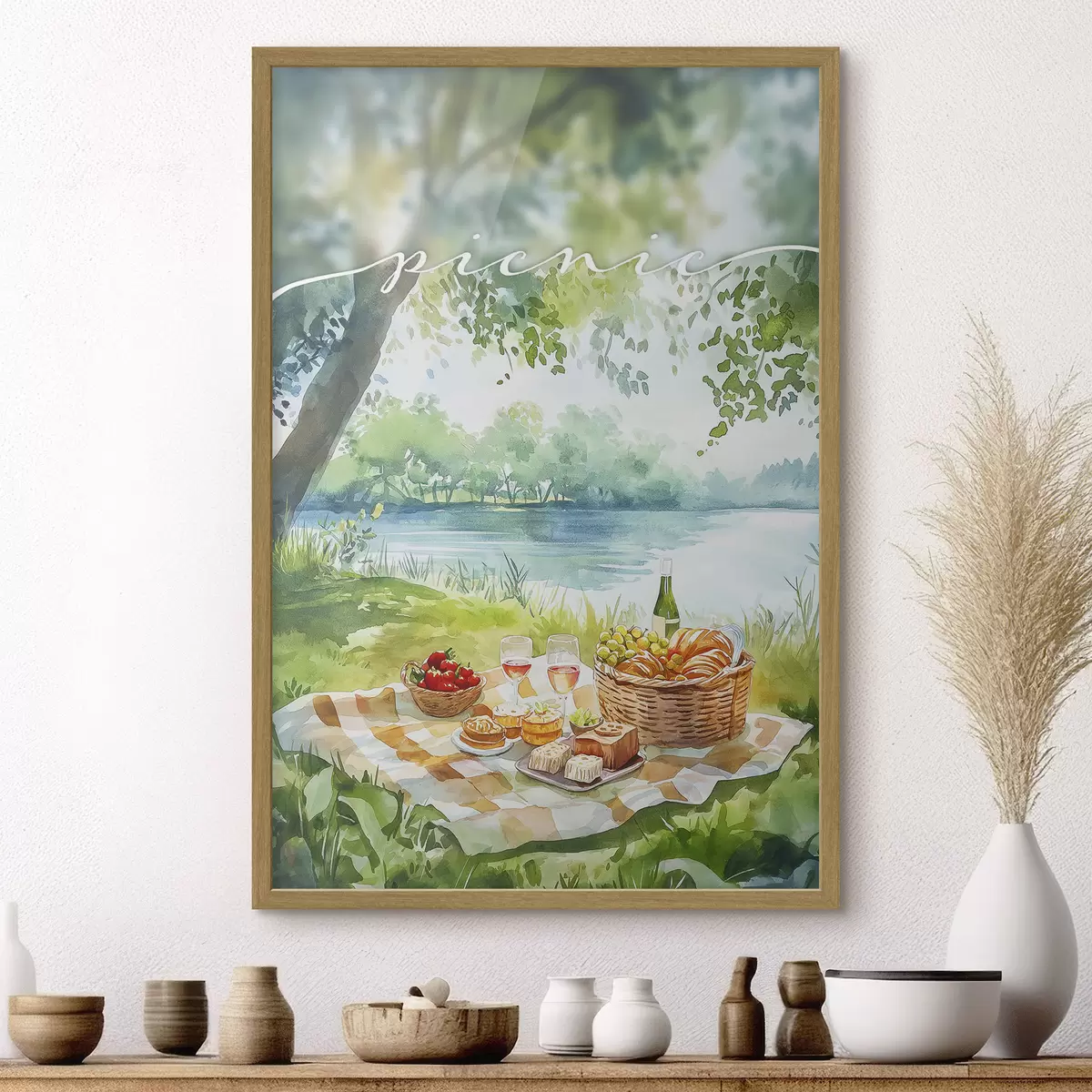 Poster Estética de picnic, naturaleza de verano, lago, romántico, estilo acuarela f42450