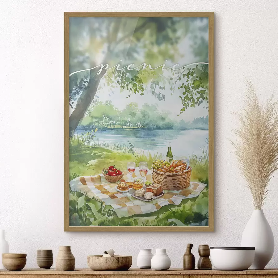 murales de pared Estética de picnic, naturaleza de verano, lago, romántico, estilo acuarela f42450
