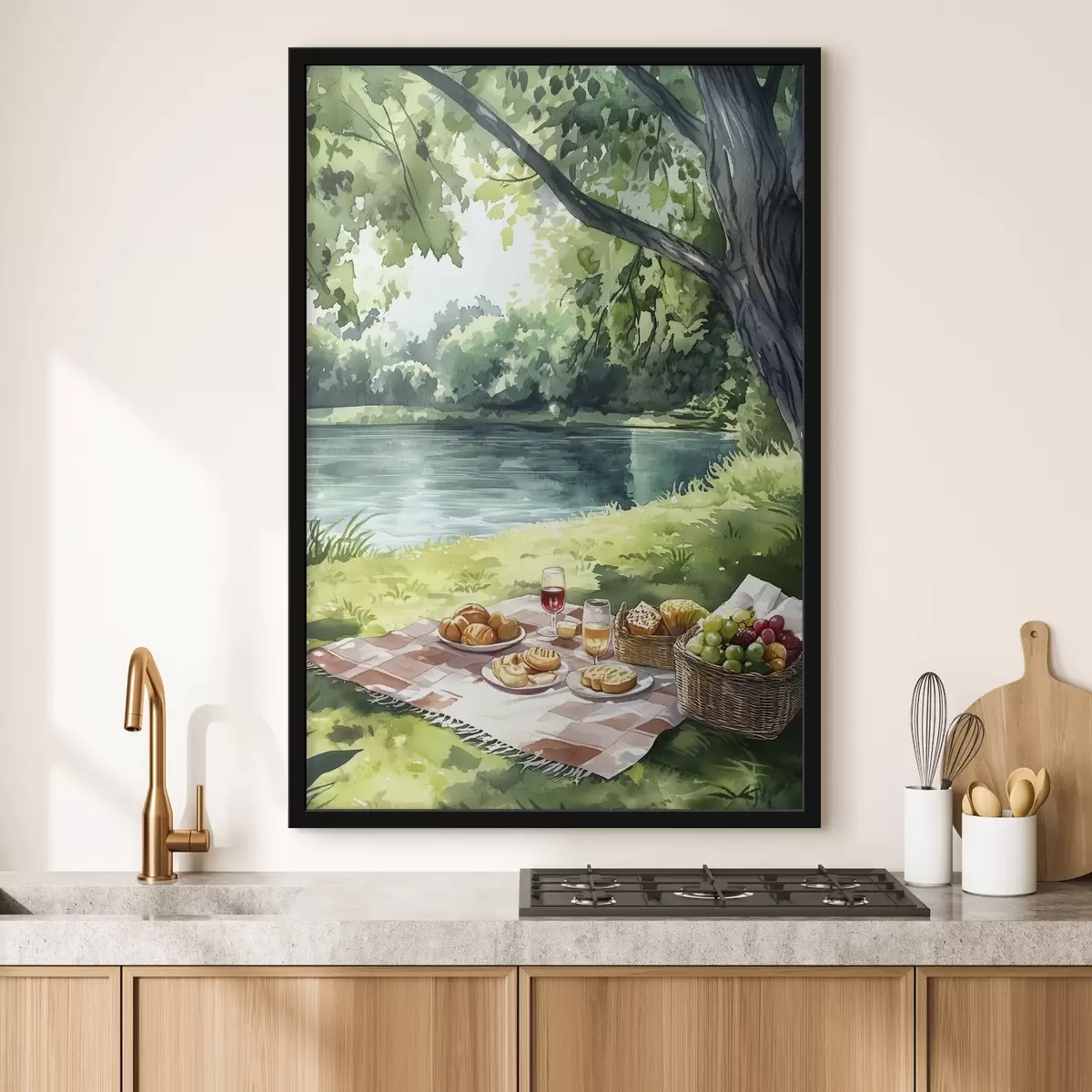 Poster Hermoso picnic romántico por el lago de verano, frutas, vegetación f42451