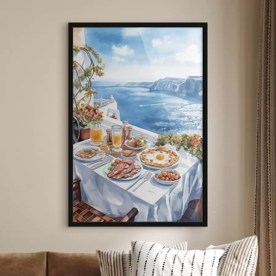 murales de pared Hermoso desayuno romántico en Grecia, mar, estilo acuarela f42455