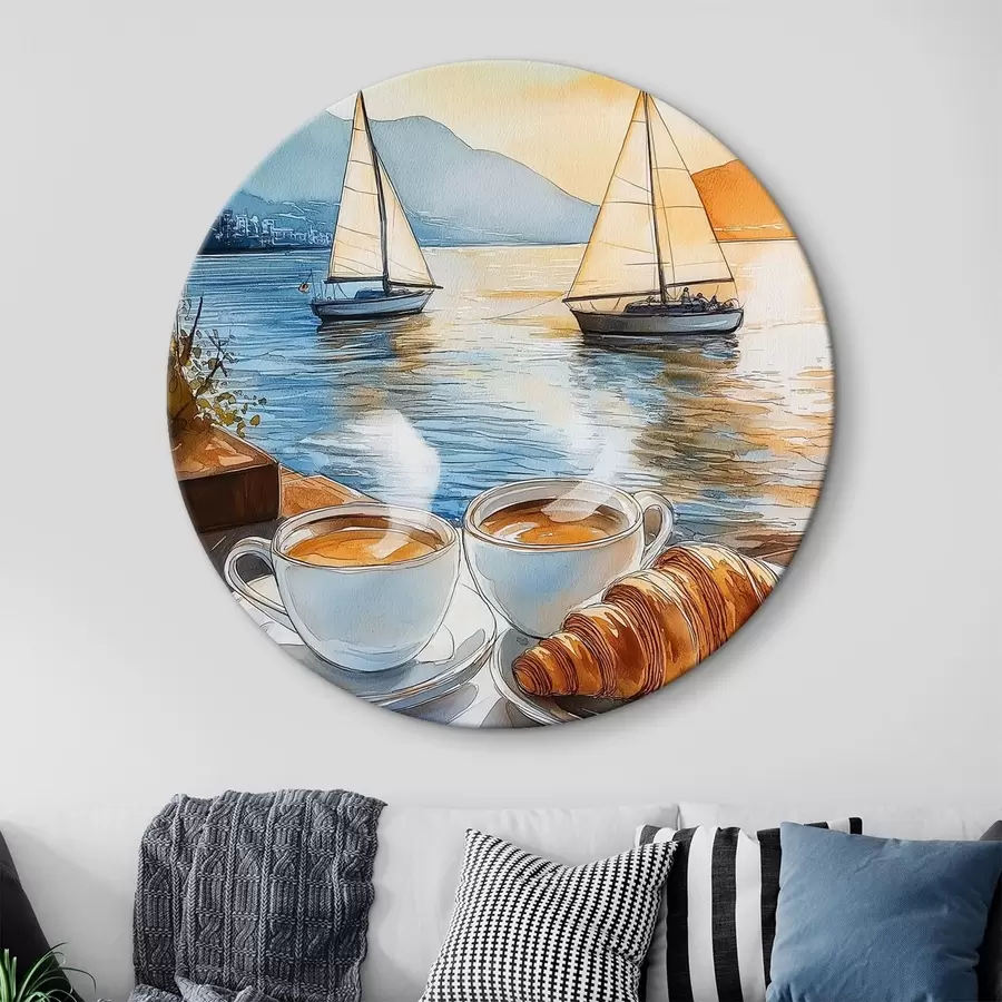 murales de pared Puesta de sol en el lago, veleros, tazas de café, estilo acuarela r42442