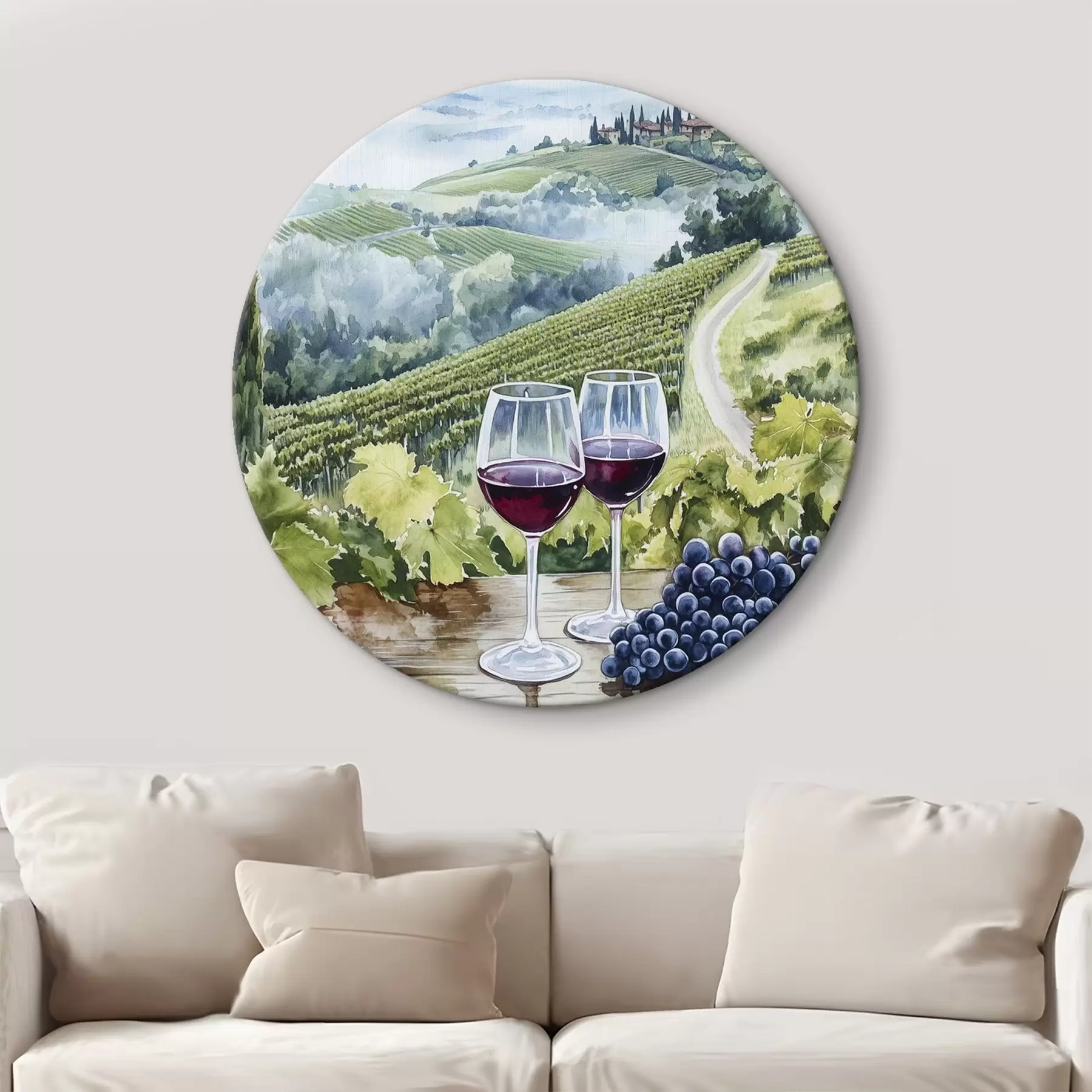 murales de pared Paisaje toscano, patios de uvas, copas de vino, estilo acuarela r42445