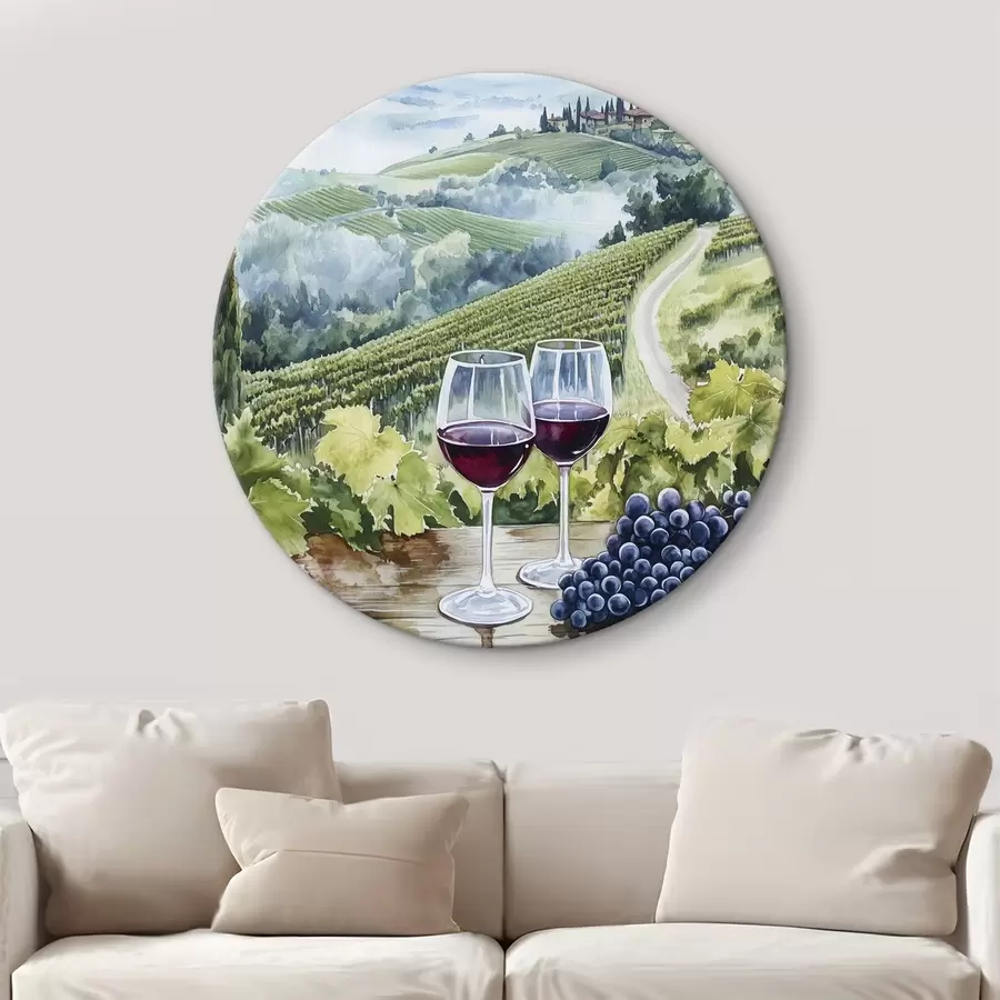 murales de pared Paisaje toscano, patios de uvas, copas de vino, estilo acuarela r42445