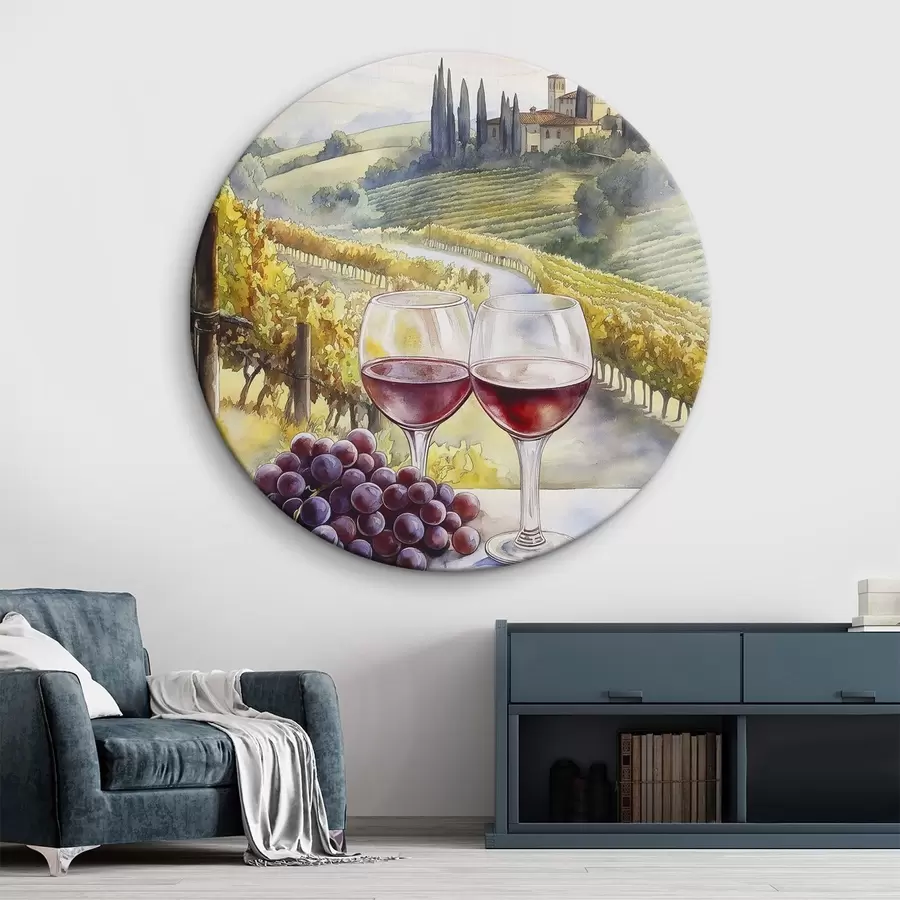 murales de pared Puesta de sol en Toscana, bodega, arquitectura antigua, estilo acuarela, Italia r42446