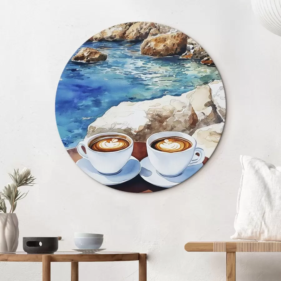murales de pared Acuarela junto al mar con tazas de café, verano r42449