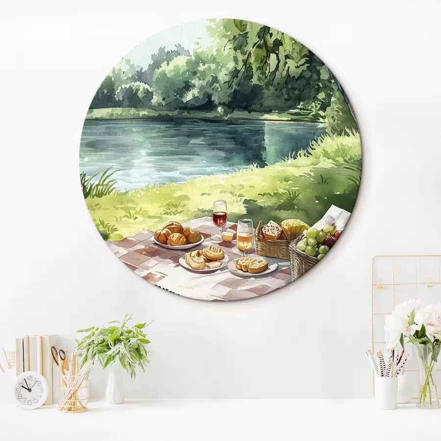 murales de pared Hermoso picnic romántico por el lago de verano, frutas, vegetación r42451