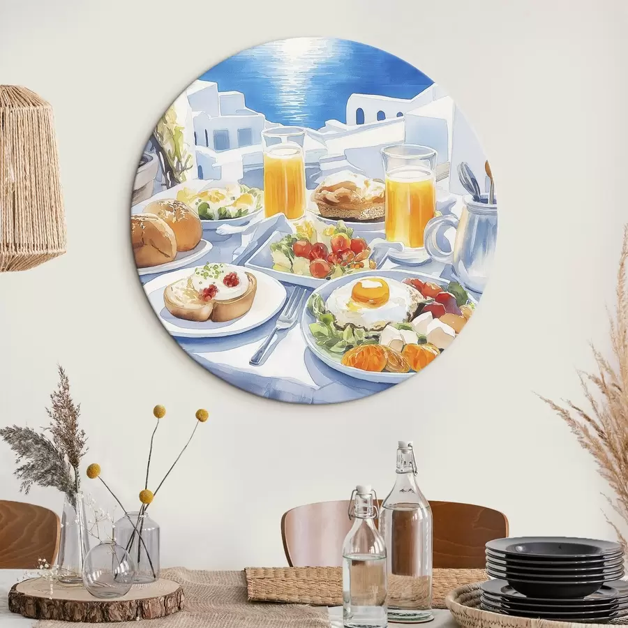 murales de pared Paisajes de Santorini, desayuno, estilo acuarela, casco antiguo r42454