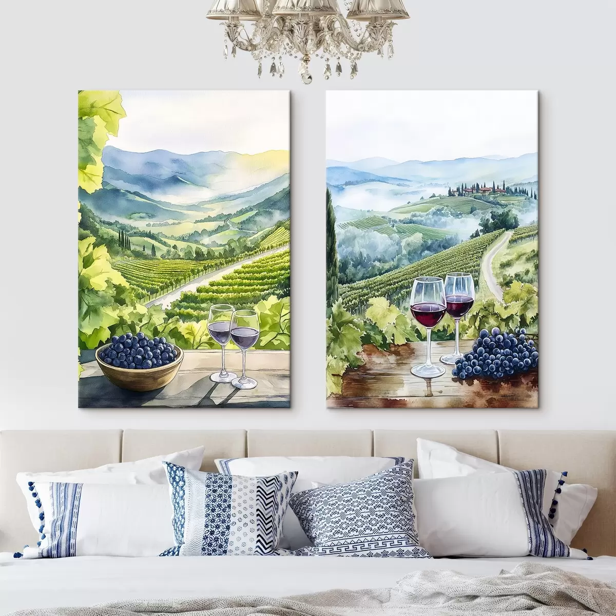 murales de pared Hermosos paisajes de la Toscana, patios de uva, copas de vino, estilo acuarela, Italia m00408