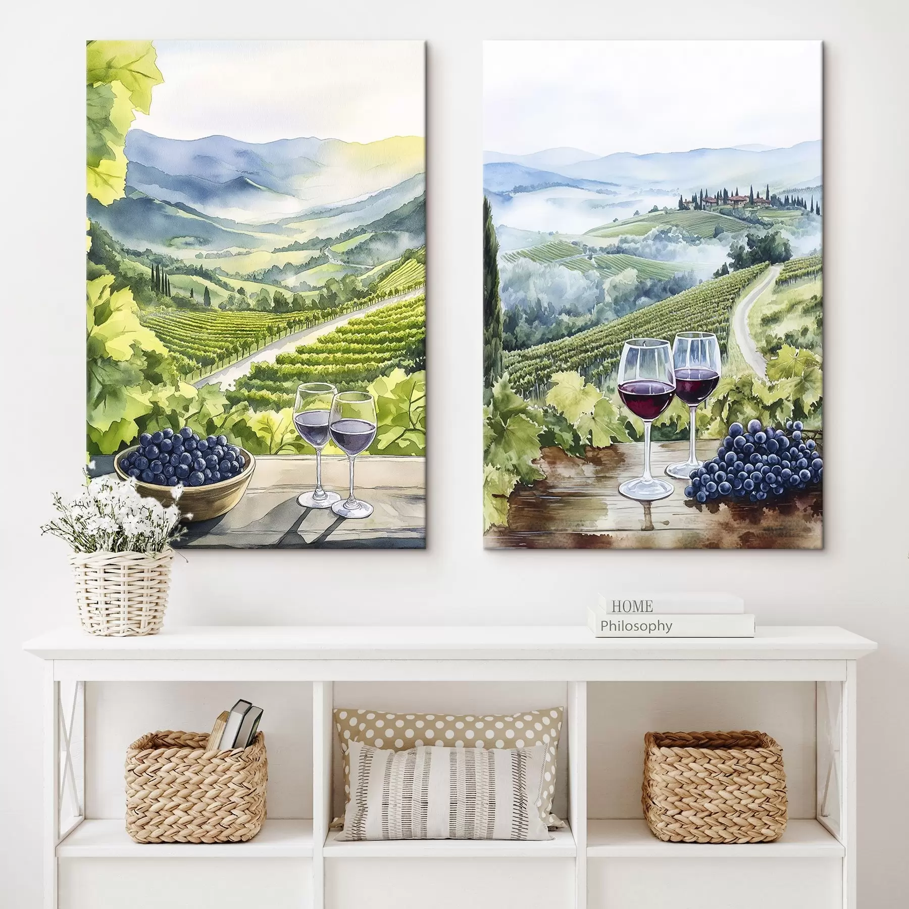 murales de pared Hermosos paisajes de la Toscana, patios de uva, copas de vino, estilo acuarela, Italia m00408