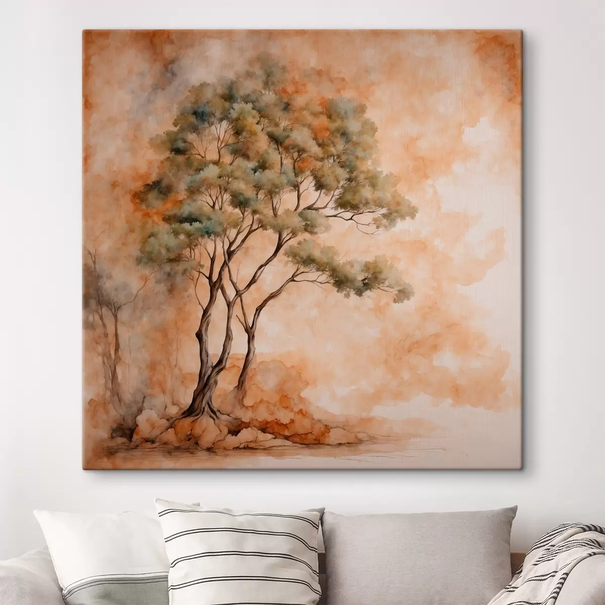 murales de pared Árbol sobre fondo naranja y blanco en estilo de pintura de acuarela s42514