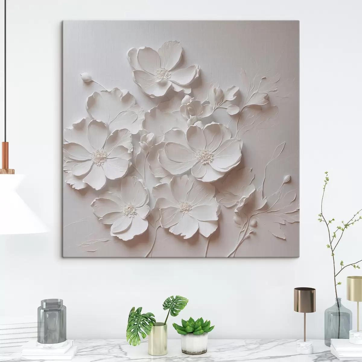 murales de pared Flores blancas sobre fondo blanco en estilo de pintura al óleo s42516