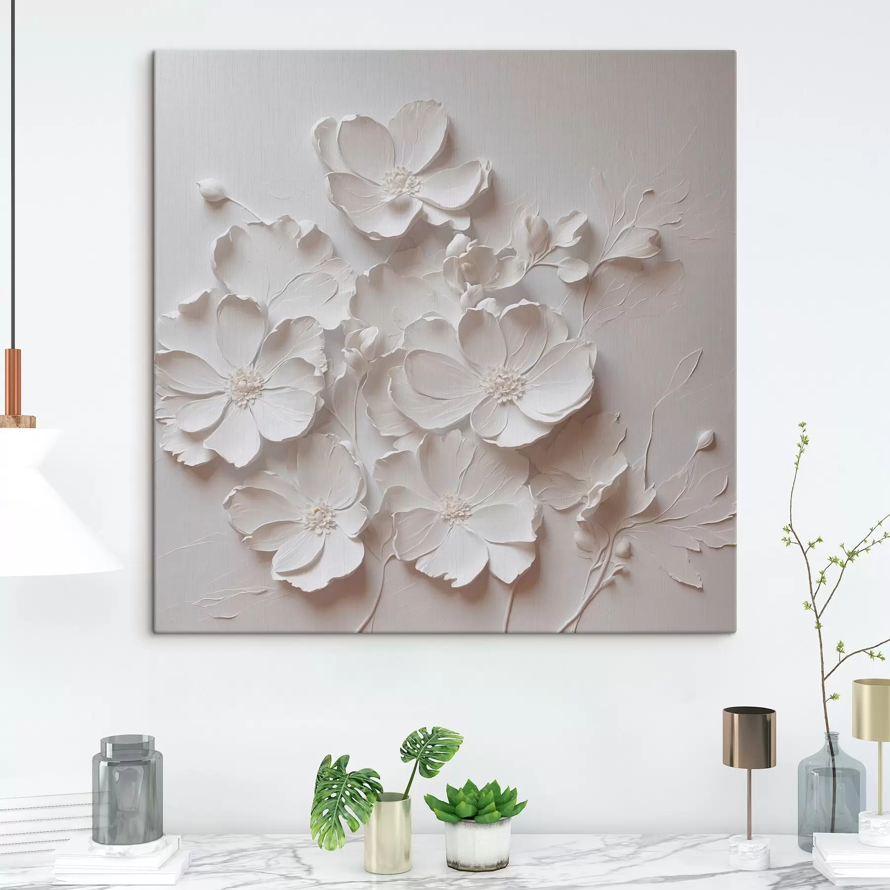 murales de pared Flores blancas sobre fondo blanco en estilo de pintura al óleo s42516