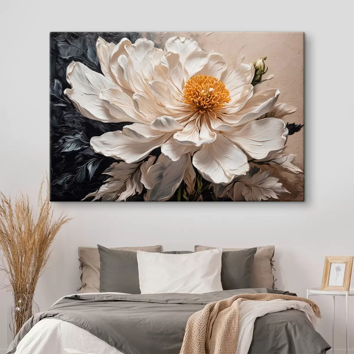 murales de pared Flor blanca sobre fondo negro y beige s42522