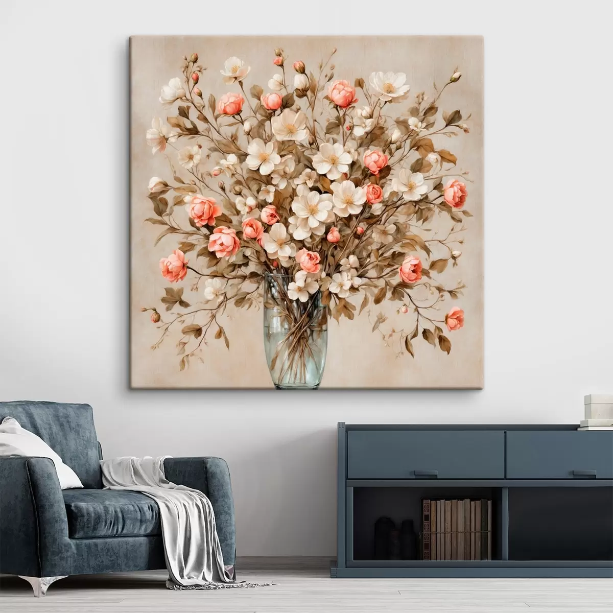 murales de pared Flores en jarrón transparente sobre fondo beige s42534