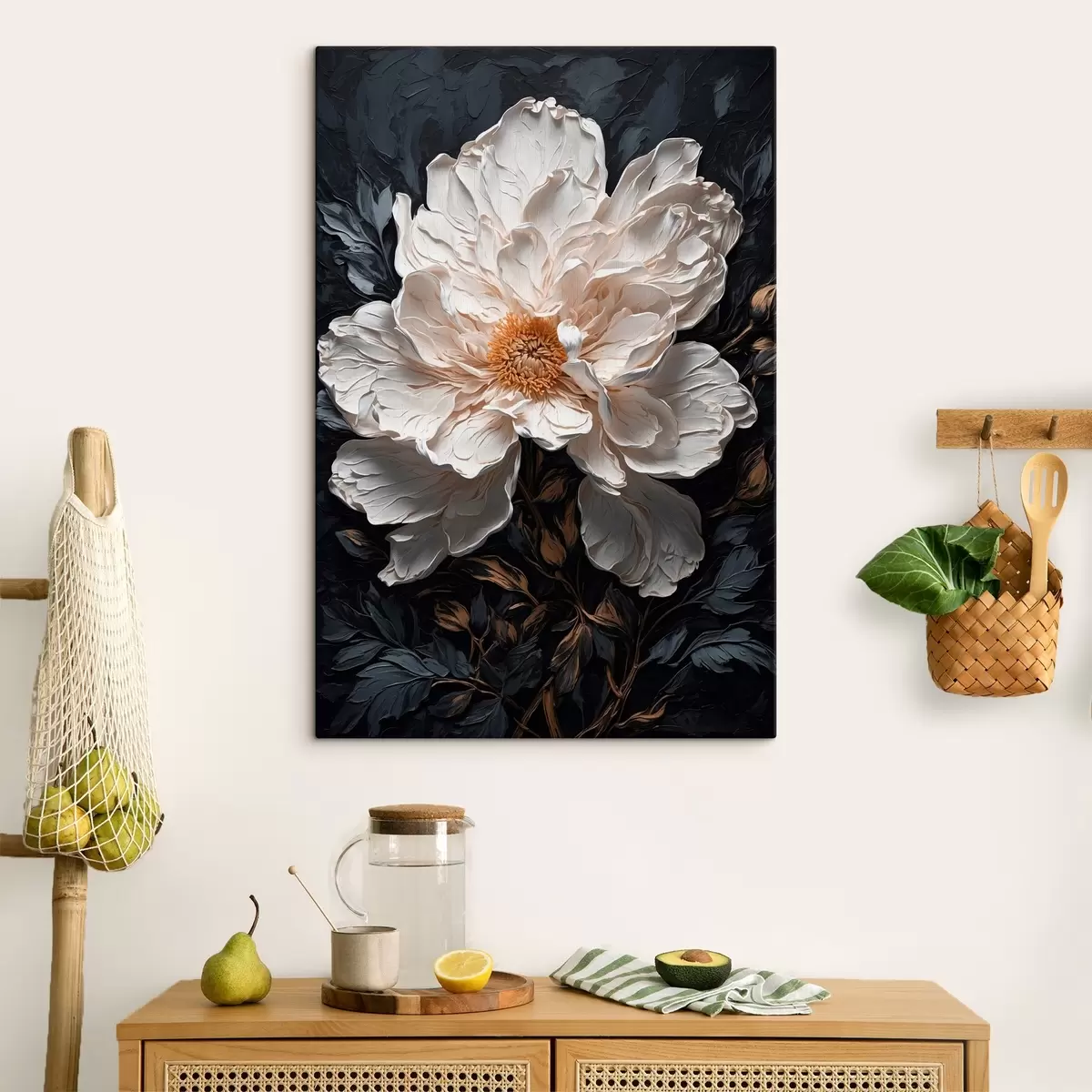 murales de pared Flor blanca sobre fondo negro al óleo s42544