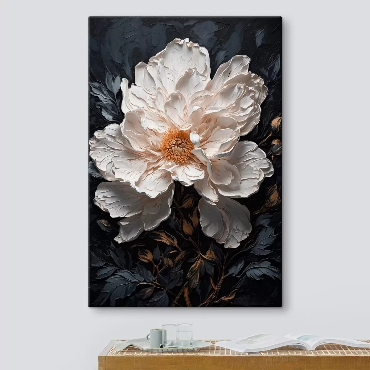 murales de pared Flor blanca sobre fondo negro al óleo s42544