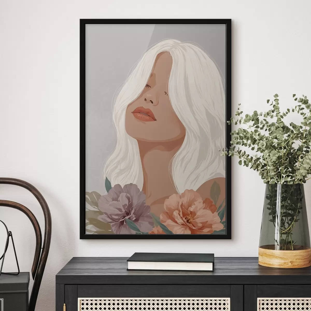 Poster Chica sobre fondo gris en gráficos vectoriales f42521