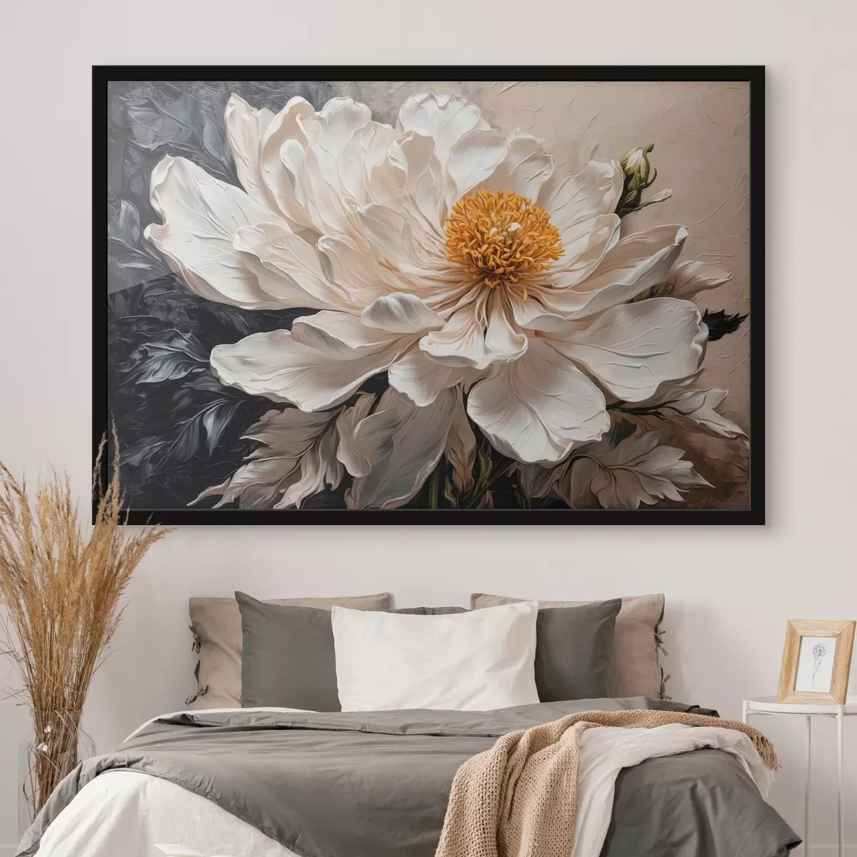Poster Flor blanca sobre fondo negro y beige f42522