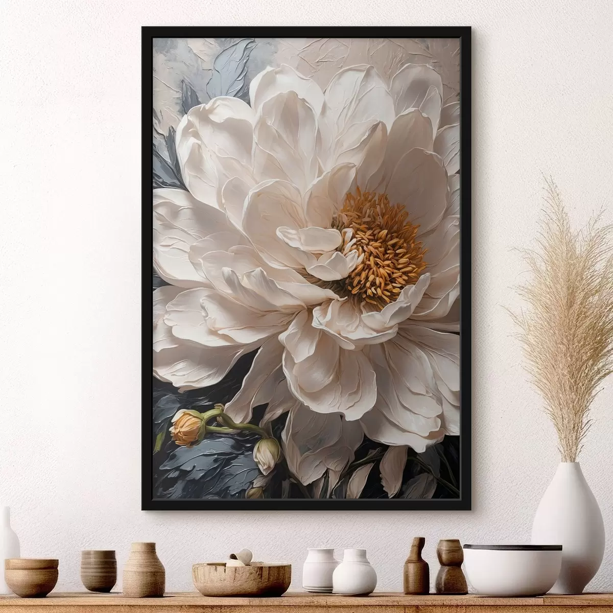 Poster Flor blanca sobre fondo azul-beige f42523