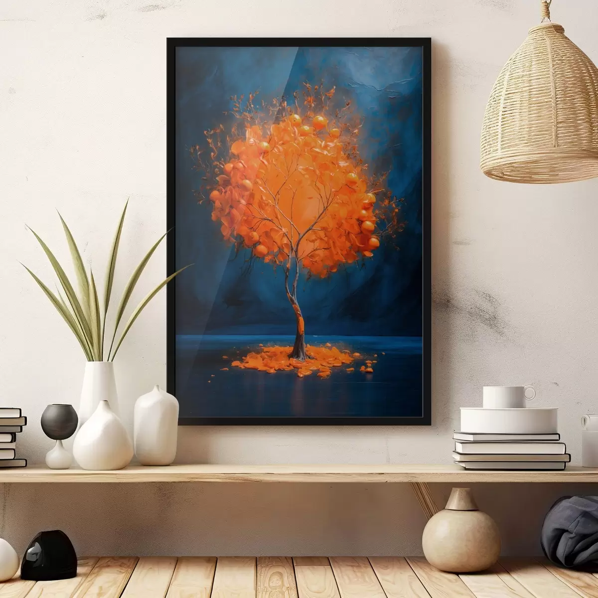 Poster Árbol naranja sobre fondo azul en estilo de pintura acrílica f42525