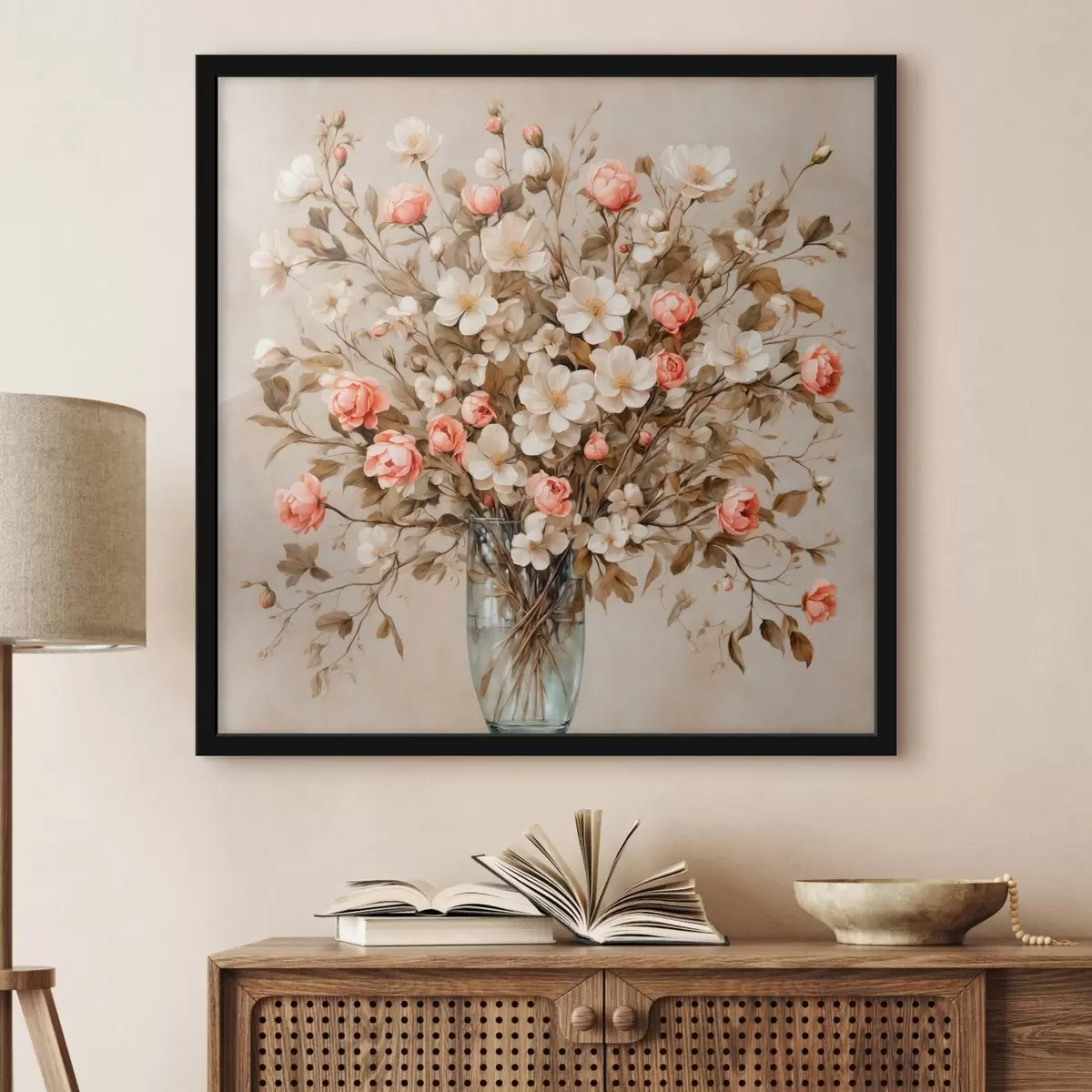 Poster Flores en jarrón transparente sobre fondo beige f42534