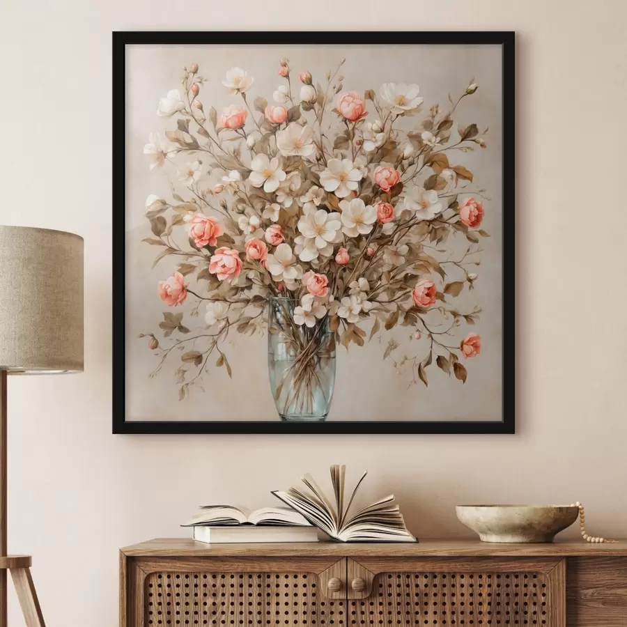 murales de pared Flores en jarrón transparente sobre fondo beige f42534