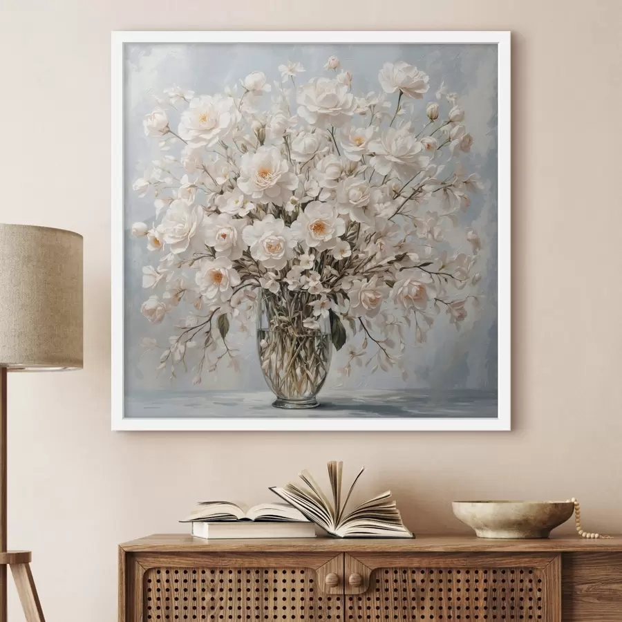 murales de pared Flores blancas en jarrón transparente en estilo de pintura acrílica f42545