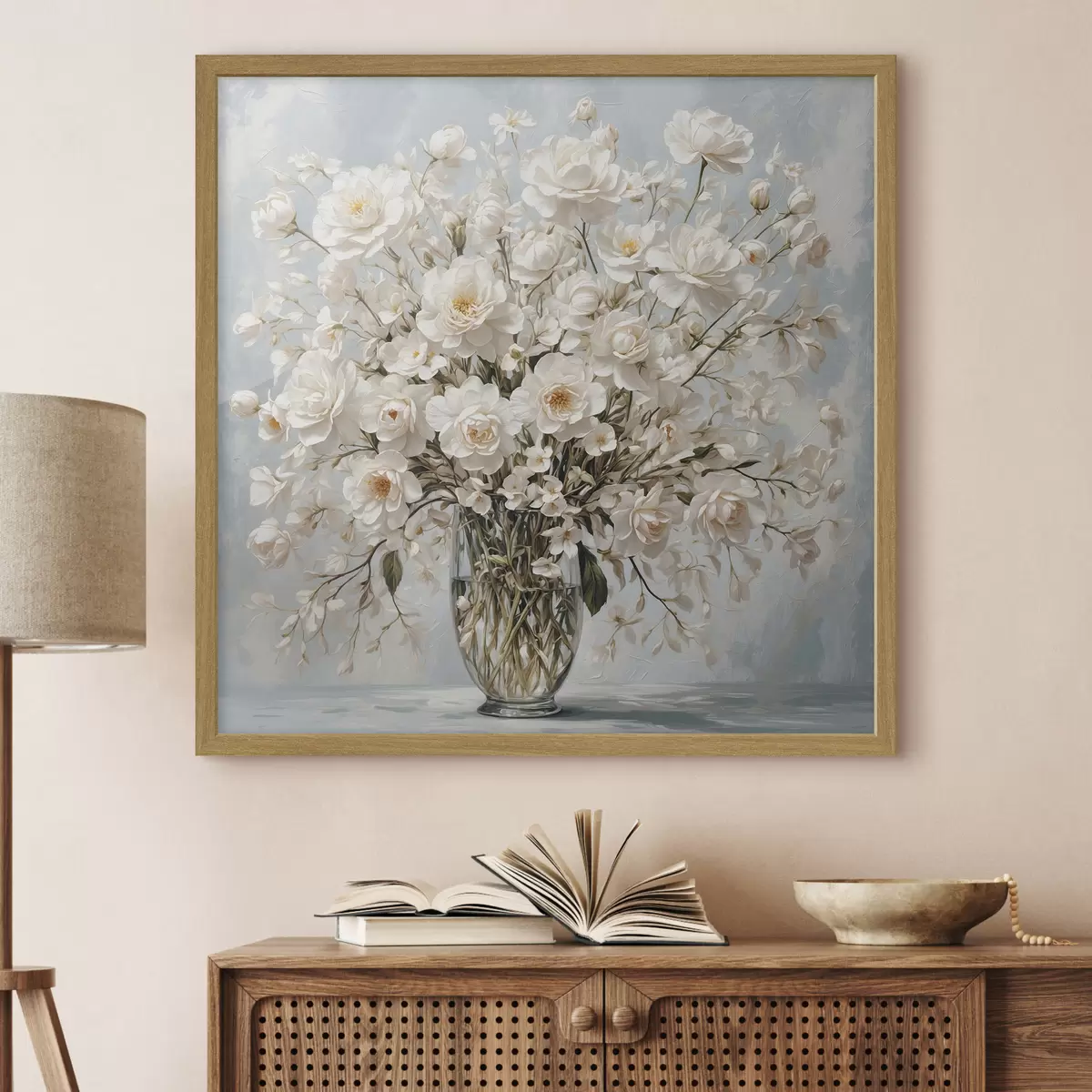 Poster Flores blancas en jarrón transparente en estilo de pintura acrílica f42545