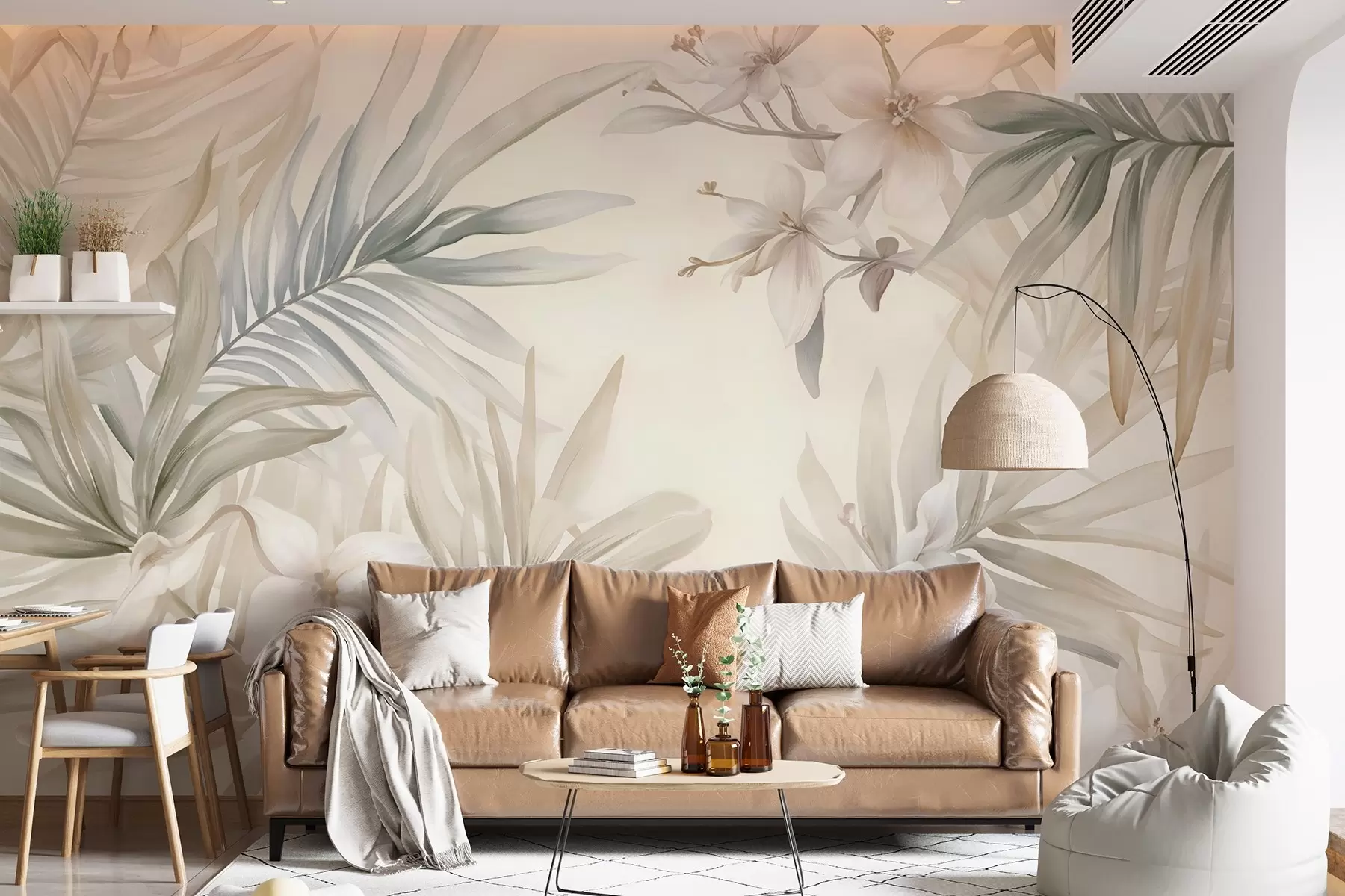 murales de pared Hojas y flores tropicales de colores pastel, con verdes claros, cremas y rosas sutiles w08660