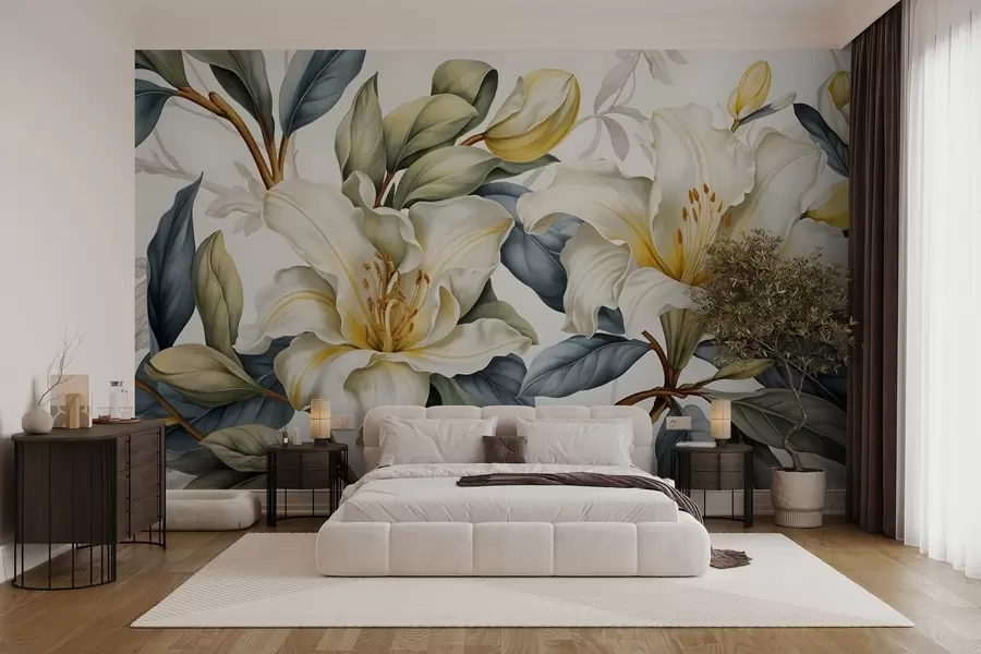 murales de pared Pintura de lirios blancos con detalles amarillos y hojas verdes y marrones, sobre fondo claro w08661