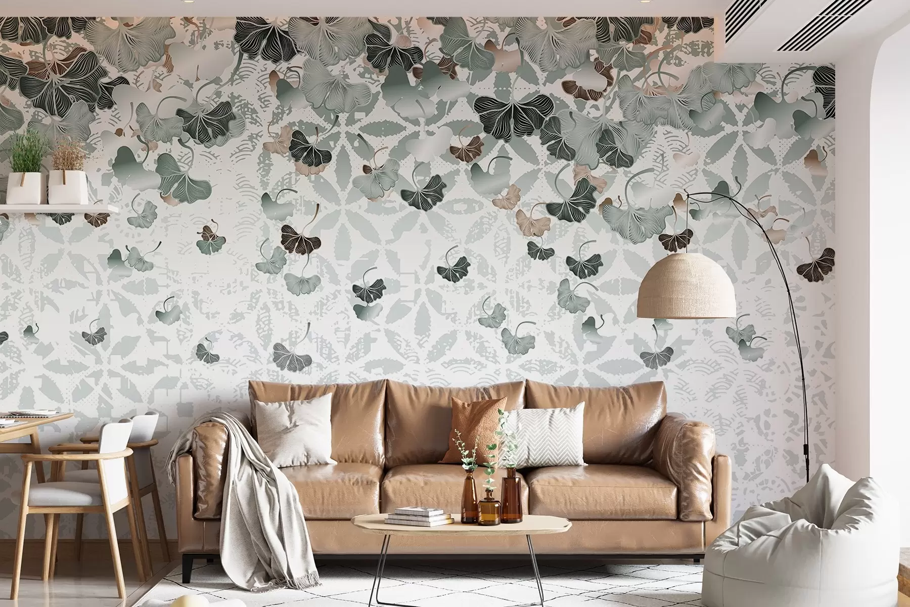 murales de pared Hojas de ginkgo en cascada en tonos verdes y marrones, sobre un fondo texturizado con motivos florales  w08662