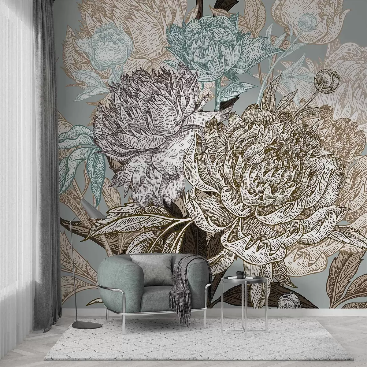 murales de pared Un detallado diseño de líneas florales con grandes peonías y hojas en tonos azules, beige y marrón w08663