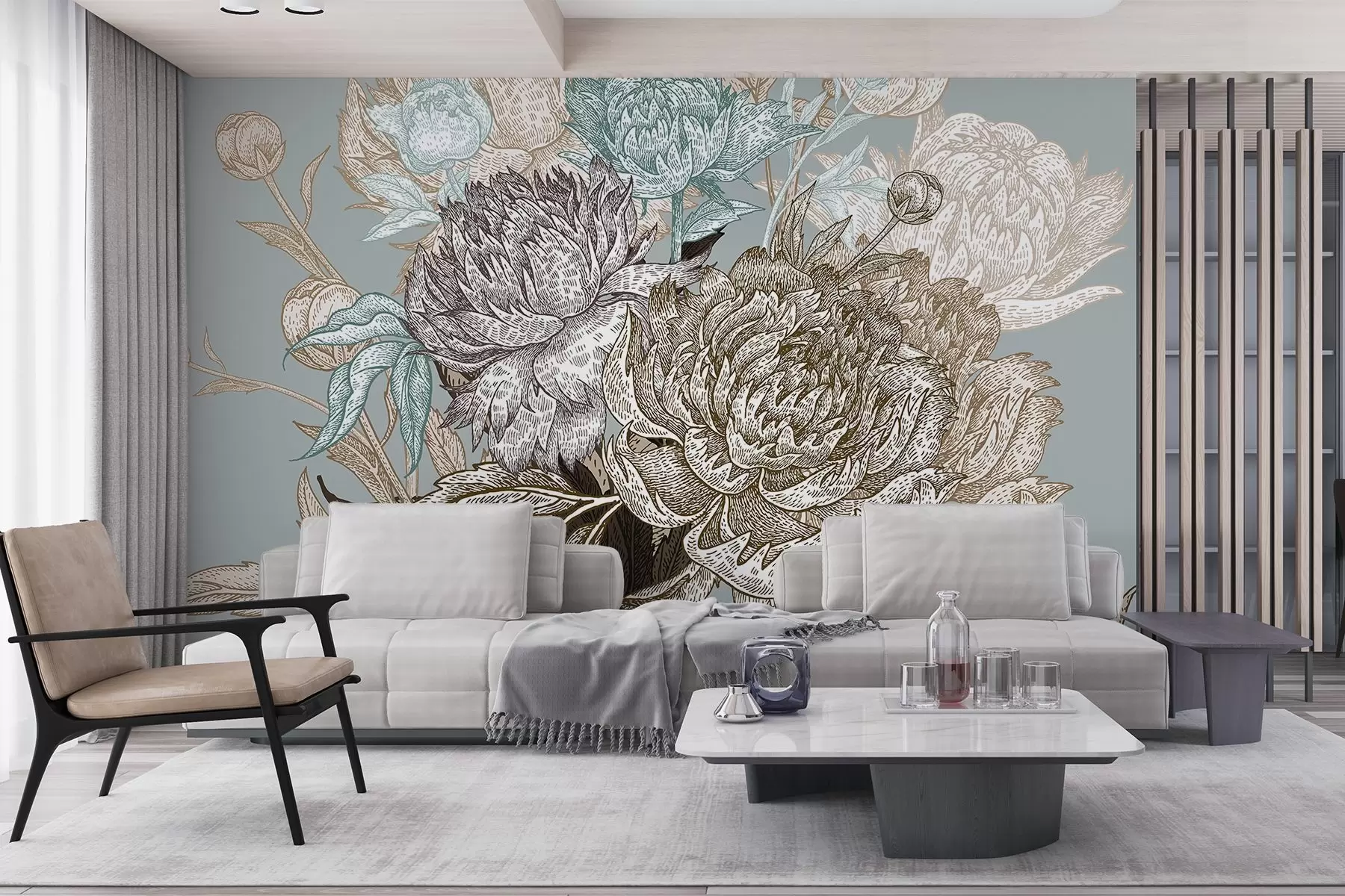 murales de pared Un detallado diseño de líneas florales con grandes peonías y hojas en tonos azules, beige y marrón w08663