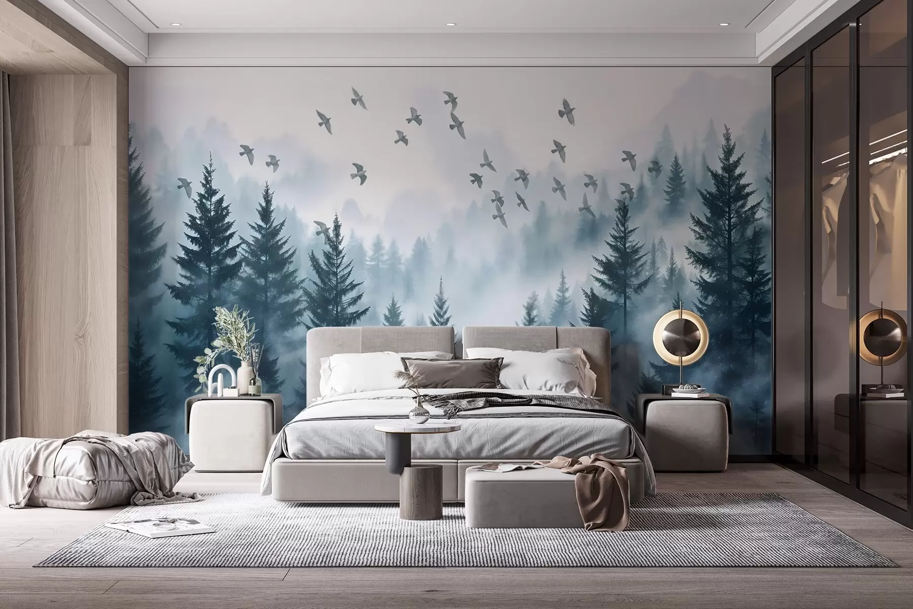 murales de pared Tranquilo bosque de niebla con árboles en tonos azules y bandadas de pájaros volando en el cielo  w08664