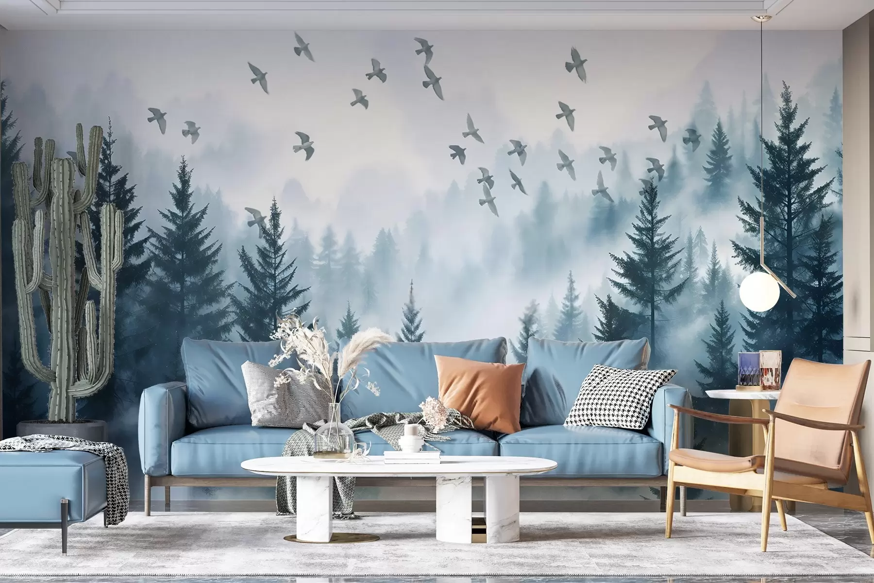 murales de pared Tranquilo bosque de niebla con árboles en tonos azules y bandadas de pájaros volando en el cielo  w08664