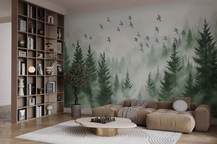 murales de pared Tranquilo bosque de niebla con árboles en tonos verdes y bandadas de pájaros volando en el cielo  w08664v1