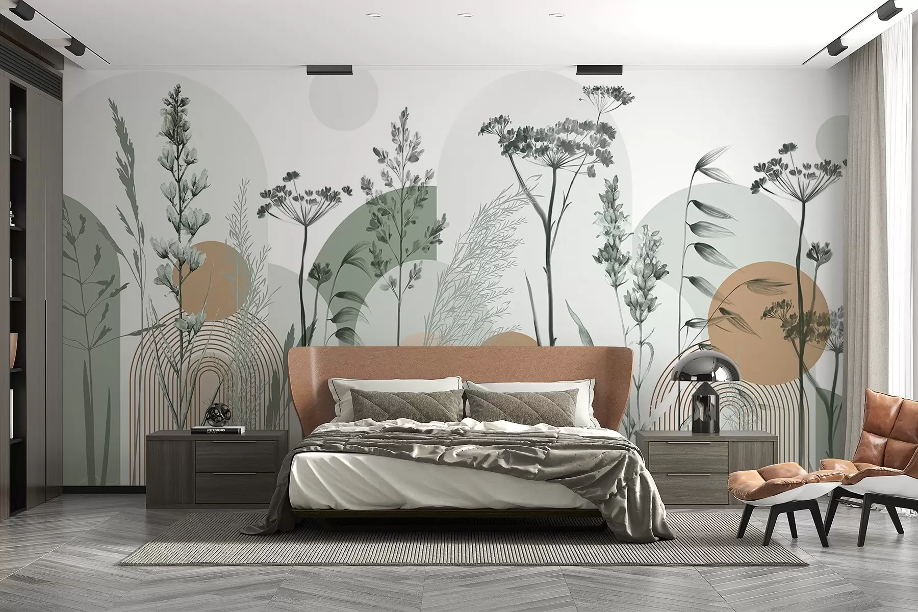 murales de pared Colección de plantas y flores en tonos neutros sobre fondo de arco abstracto en suaves tonos verdes y naranjas w08665v1