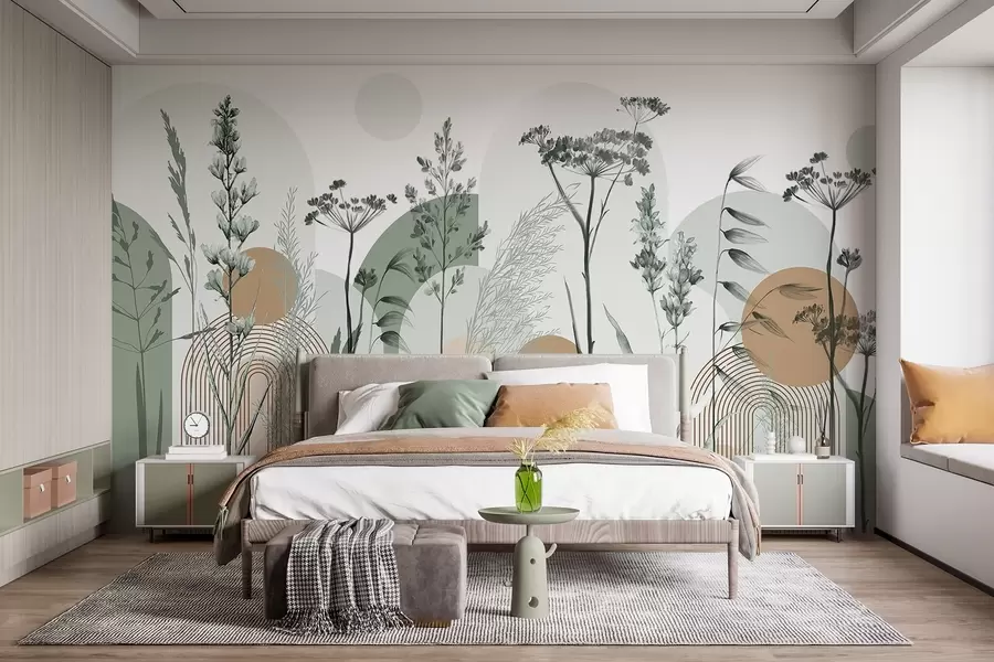 murales de pared Colección de plantas y flores en tonos neutros sobre fondo de arco abstracto en suaves tonos verdes y naranjas w08665v1