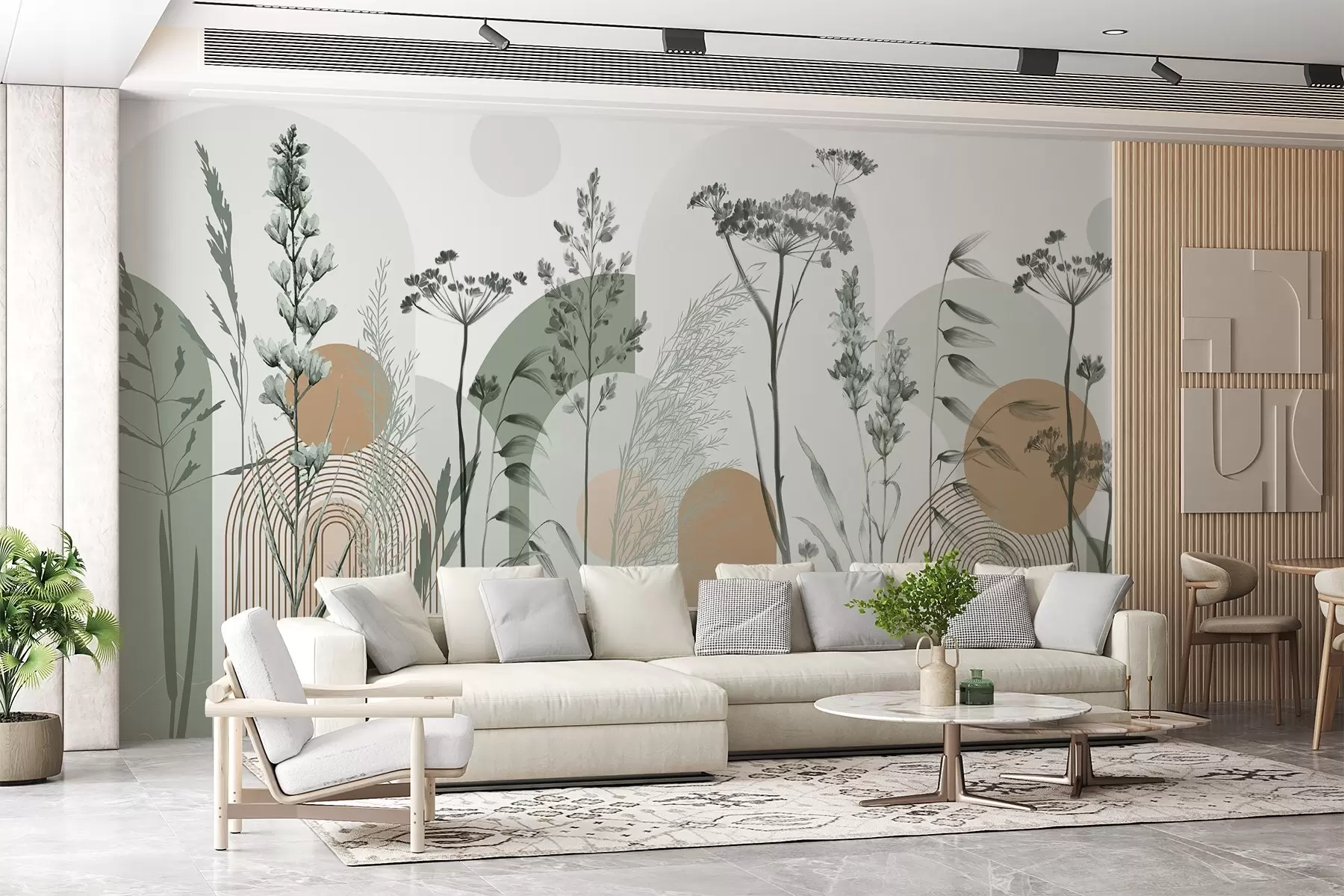 murales de pared Colección de plantas y flores en tonos neutros sobre fondo de arco abstracto en suaves tonos verdes y naranjas w08665v1
