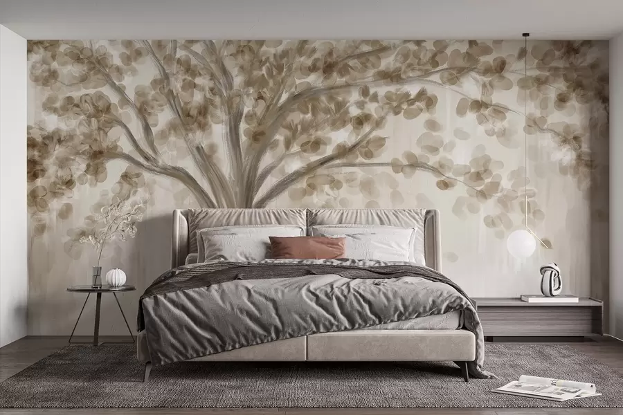 murales de pared Un gran árbol con hojas suaves y abstractas de color beige sobre un fondo claro y neutro que realza los tonos del árbol  w08669