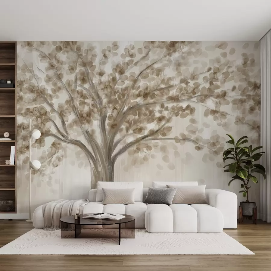 murales de pared Un gran árbol con hojas suaves y abstractas de color beige sobre un fondo claro y neutro que realza los tonos del árbol  w08669