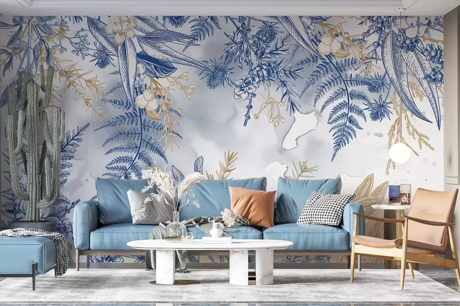 murales de pared Estampado floral con elementos botánicos azules y amarillos, sobre un fondo claro y suave con efectos de acuarela  w08671